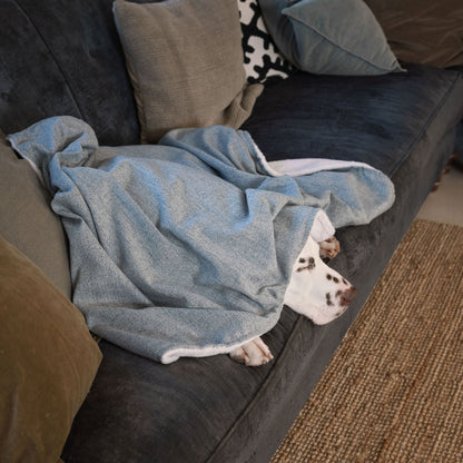 Discover The Perfect Blanket For Dogs! Help Delve Into a Cosy Burrow After Walks, Bath-Time or a Lazy Day Indoors! With Our Inchmurrin Dog Blanket In Stunning Light Iceberg! Available To Personalise Now at Lords & Labradors 