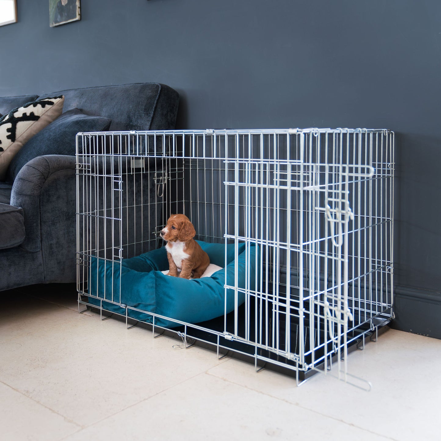 Cosy & Calming Puppy Crate Bed With Removable Covers In Marine Velvet by Lords & Labradors