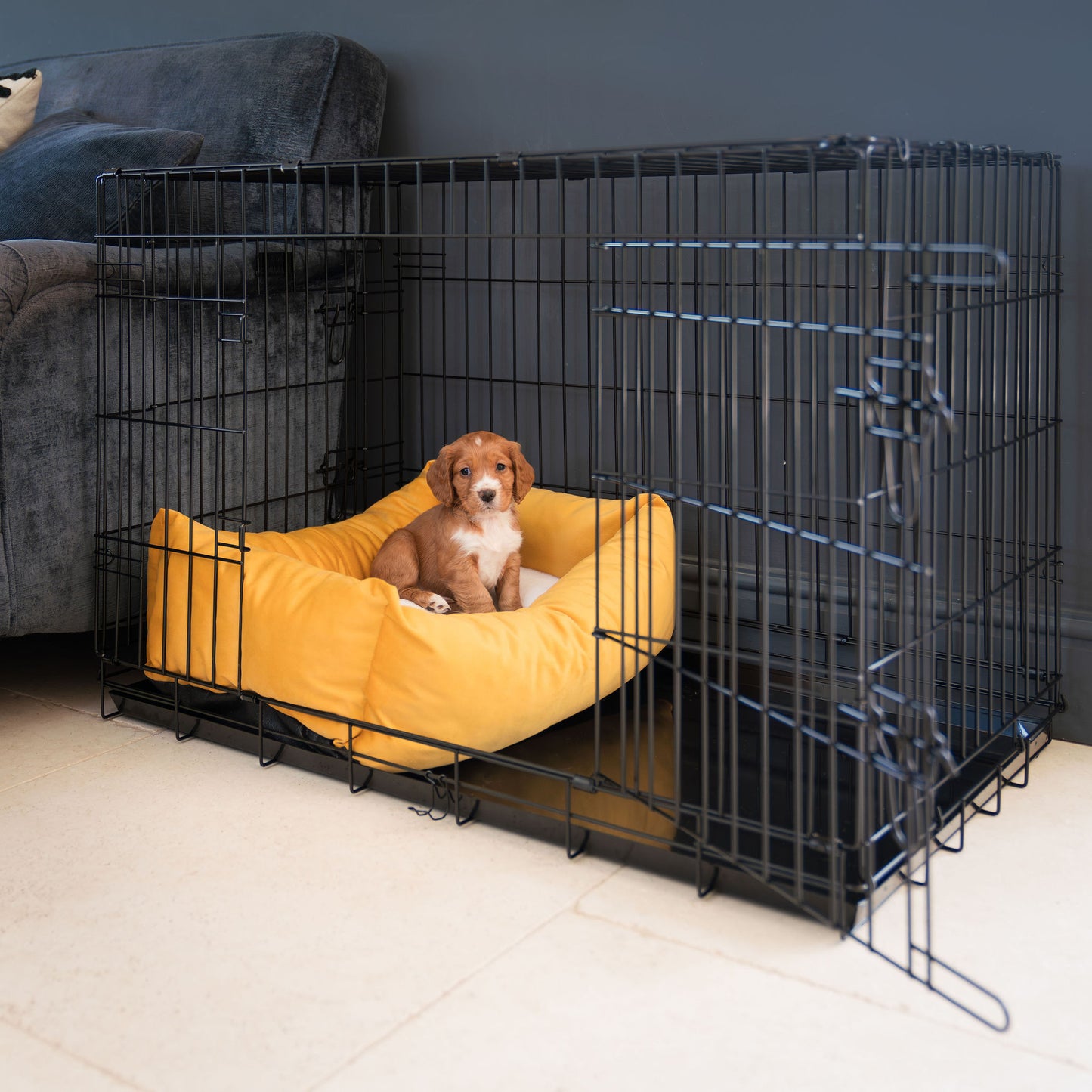 Cosy & Calming Puppy Crate Bed With Removable Covers In Saffron Velvet by Lords & Labradors