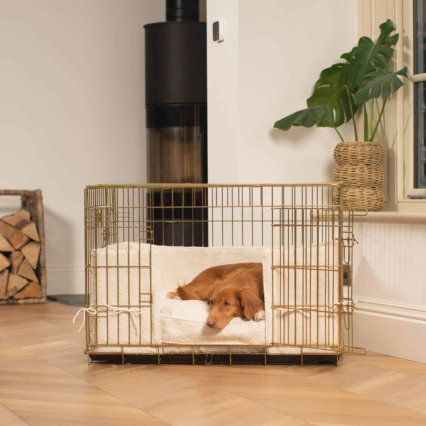 Discover Our Heavy-Duty Dog Crate With Ivory Bouclé Cushion & Bumper! The Perfect Crate Accessories. Available To Personalise Here at Lords & Labradors 