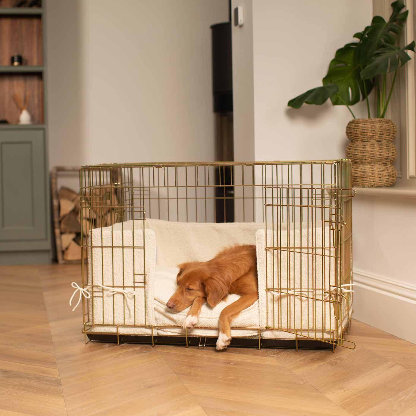 Discover Our Heavy-Duty Dog Crate With Ivory Bouclé Cushion & Bumper! The Perfect Crate Accessories. Available To Personalise Here at Lords & Labradors 