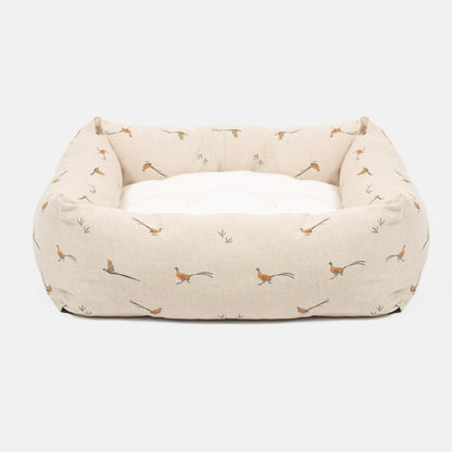 [colour:woodland pheasant] Luxury Handmade Box Bed For Dogs in Woodland, in Woodland Pheasant. Perfect For Your Pets Nap Time! Available To Personalise at Lords & Labradors