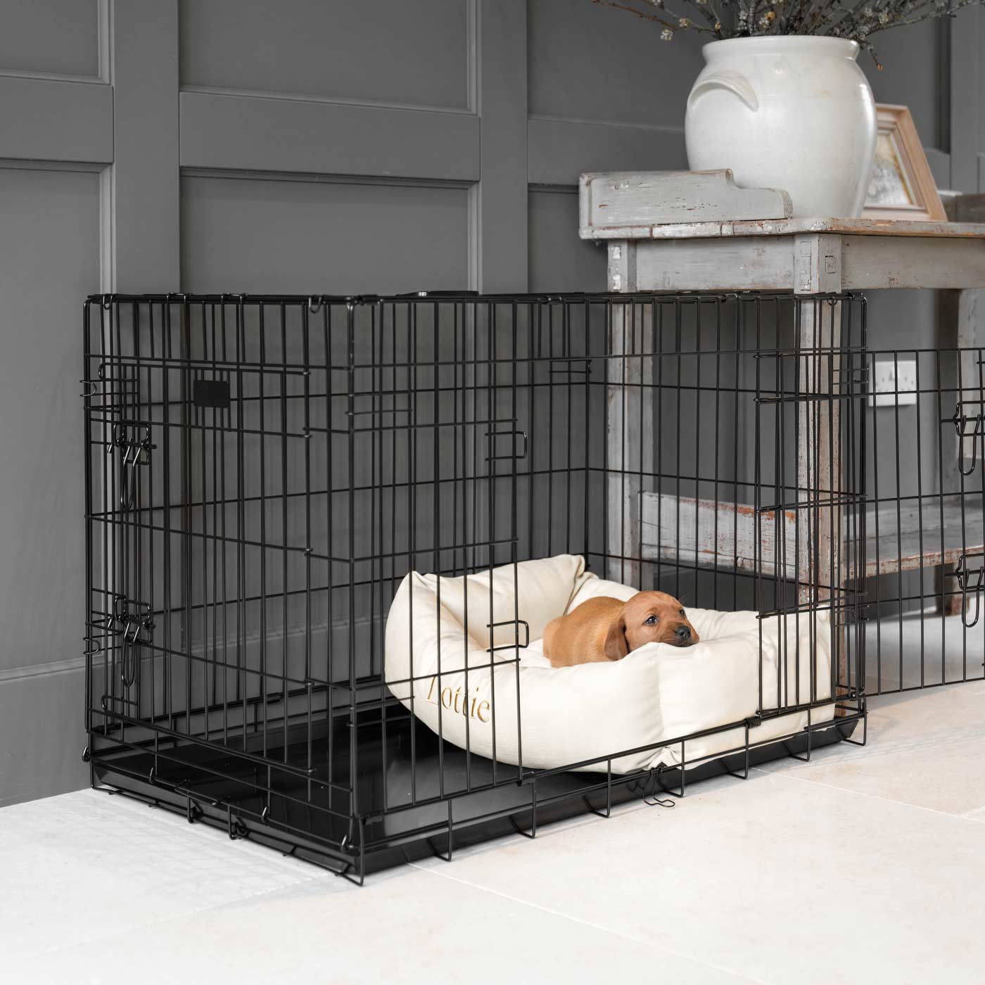 Cosy & Calm Puppy Crate Bed, The Perfect Dog Crate Accessory For The Ultimate Dog Den! In Stunning Savanna Bone! Available To Personalise at Lords & Labradors 