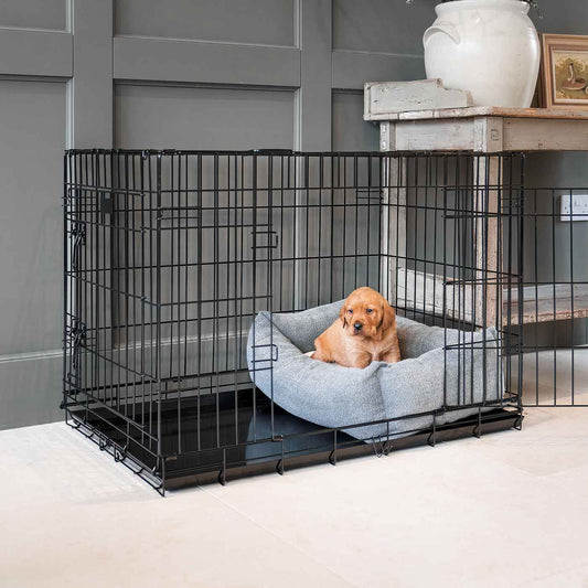  Cosy & Calm Puppy Crate Bed, The Perfect Dog Crate Accessory For The Ultimate Dog Den! In Stunning Pewter Herringbone Tweed! Available To Personalise at Lords & Labradors 