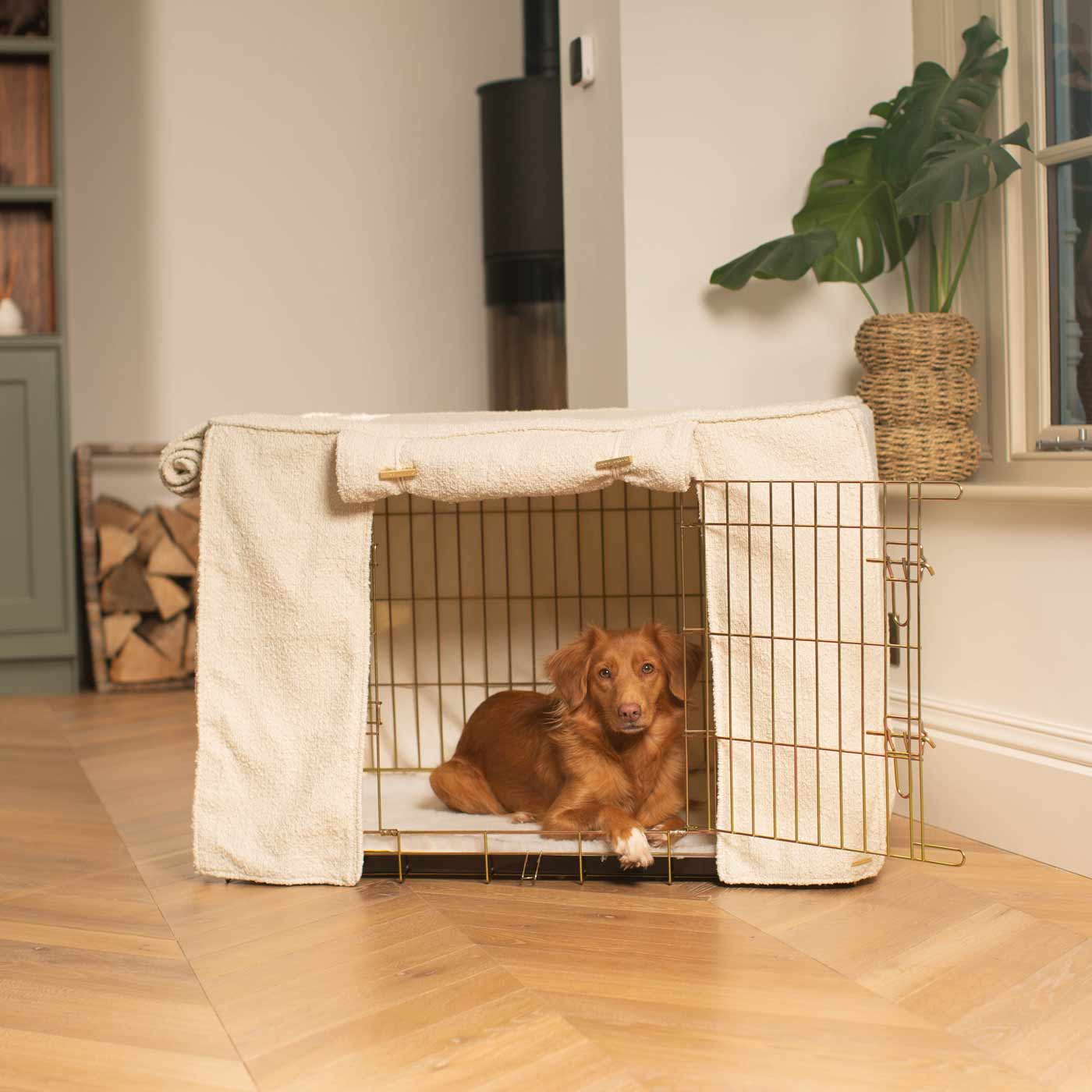 Discover Our Heavy-Duty Dog Crate With Ivory Bouclé Crate Cover! The Perfect Crate Accessory For The Ultimate Pet Den. Available To Personalise Here at Lords & Labradors 