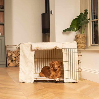 Discover Our Heavy-Duty Dog Crate With Ivory Bouclé Crate Cover! The Perfect Crate Accessory For The Ultimate Pet Den. Available To Personalise Here at Lords & Labradors 