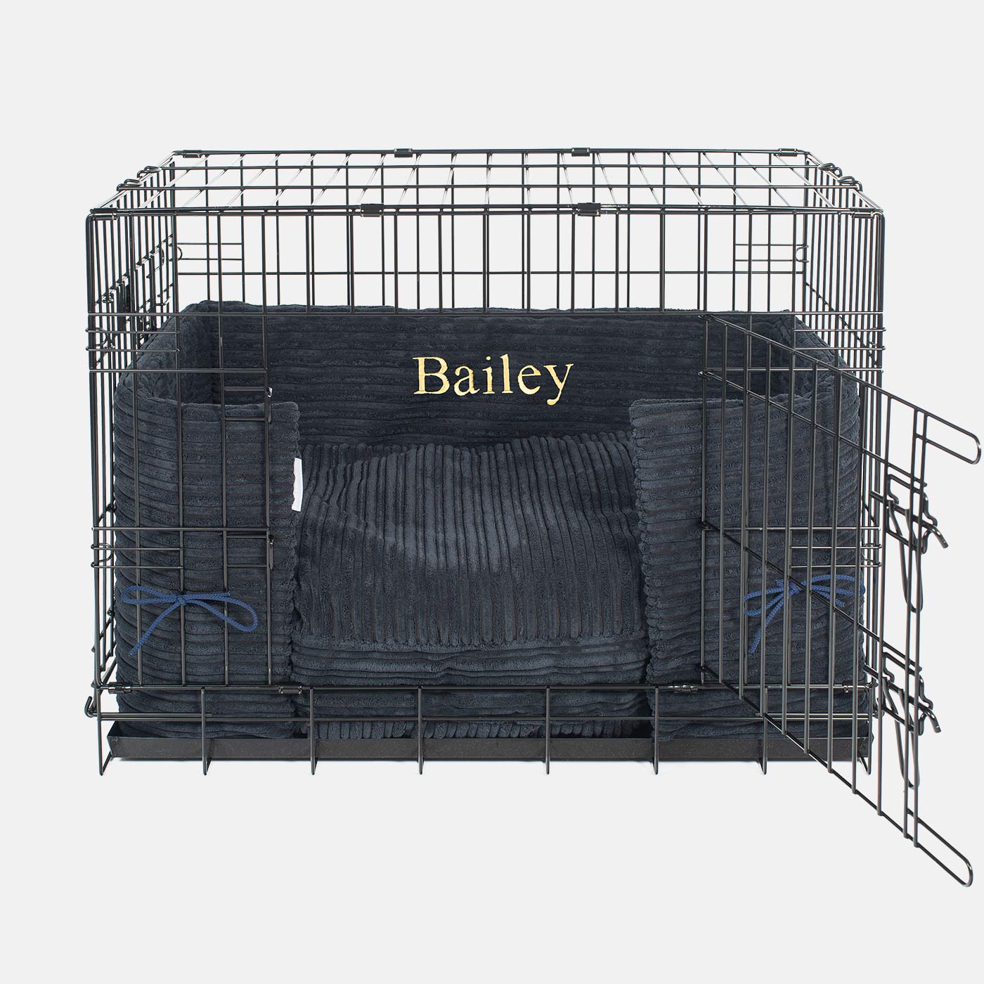 Discover our Luxury Dog Crate Bumper, in Essentials Plush Navy. The Perfect Dog Crate Accessory, Available To Personalise Now at Lords & Labradors