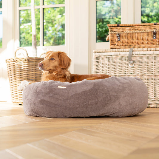 Personalised Calming Anti-Anxiety Donut Bed in Fawn Faux Fur by Lords & Labradors