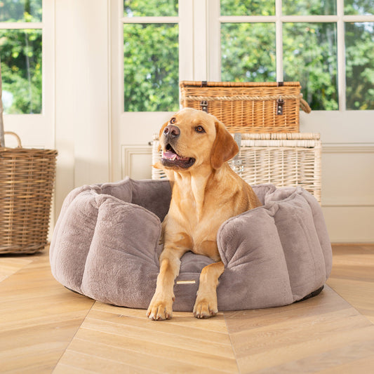 Personalised High Wall Bed For Dogs in Calming Anti-Anxiety Fawn Faux Fur by Lords & Labradors