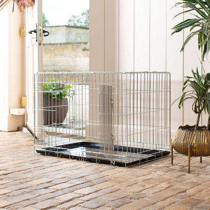 Discover, Imperfect deluxe heavy duty Silver dog crate, featuring two doors for easy access and a removable tray for easy cleaning! The ideal choice to keep new puppies safe, made using pet safe galvanised steel! Available now in 5 sizes and three stunning colours at Lords & Labradors