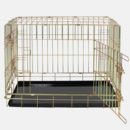 Discover, Imperfect deluxe heavy duty Iridescent Gold dog crate, featuring two doors for easy access and a removable tray for easy cleaning! The ideal choice to keep new puppies safe, made using pet safe galvanised steel! Available now in 5 sizes and three stunning colours at Lords & Labradors