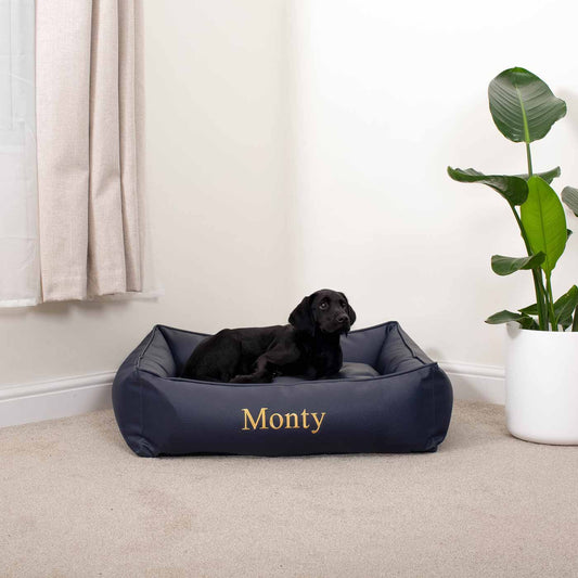 Luxury Handmade Box Bed in Rhino Tough Faux Leather, in Pacific, Perfect For Your Pets Nap Time! Available To Personalise at Lords & Labradors