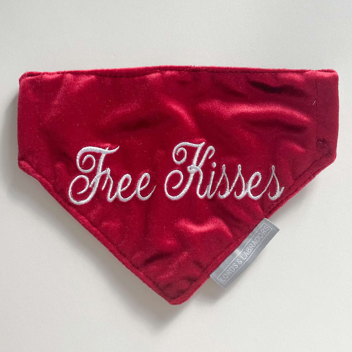 Discover The Perfect Bandana For Dogs, 'Free Kisses' Valentine Dog Bandana In Luxury Cranberry Velvet, Available Now at Lords & Labradors