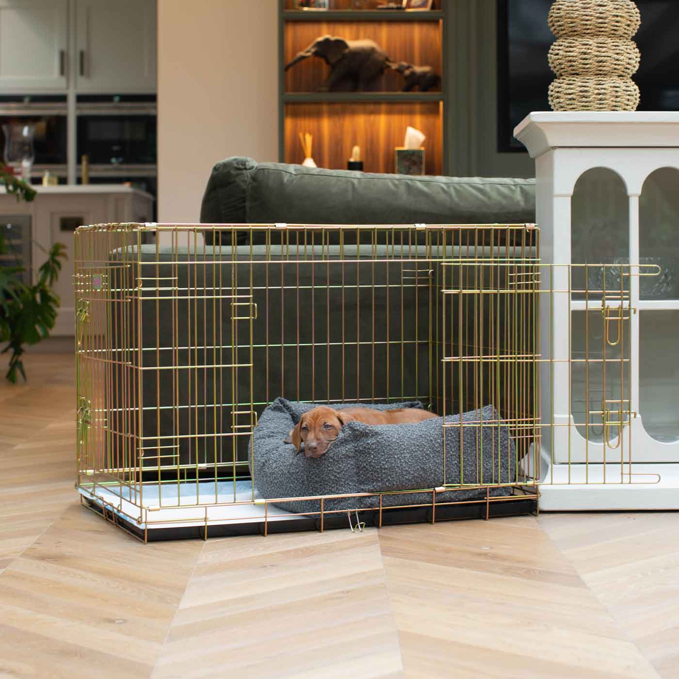 Discover Our Heavy-Duty Dog Crate With Granite Bouclé Cosy & Calming Puppy Crate Bed Set! The Perfect Crate Bed For Pet Burrow. Available To Personalise Here at Lords & Labradors 