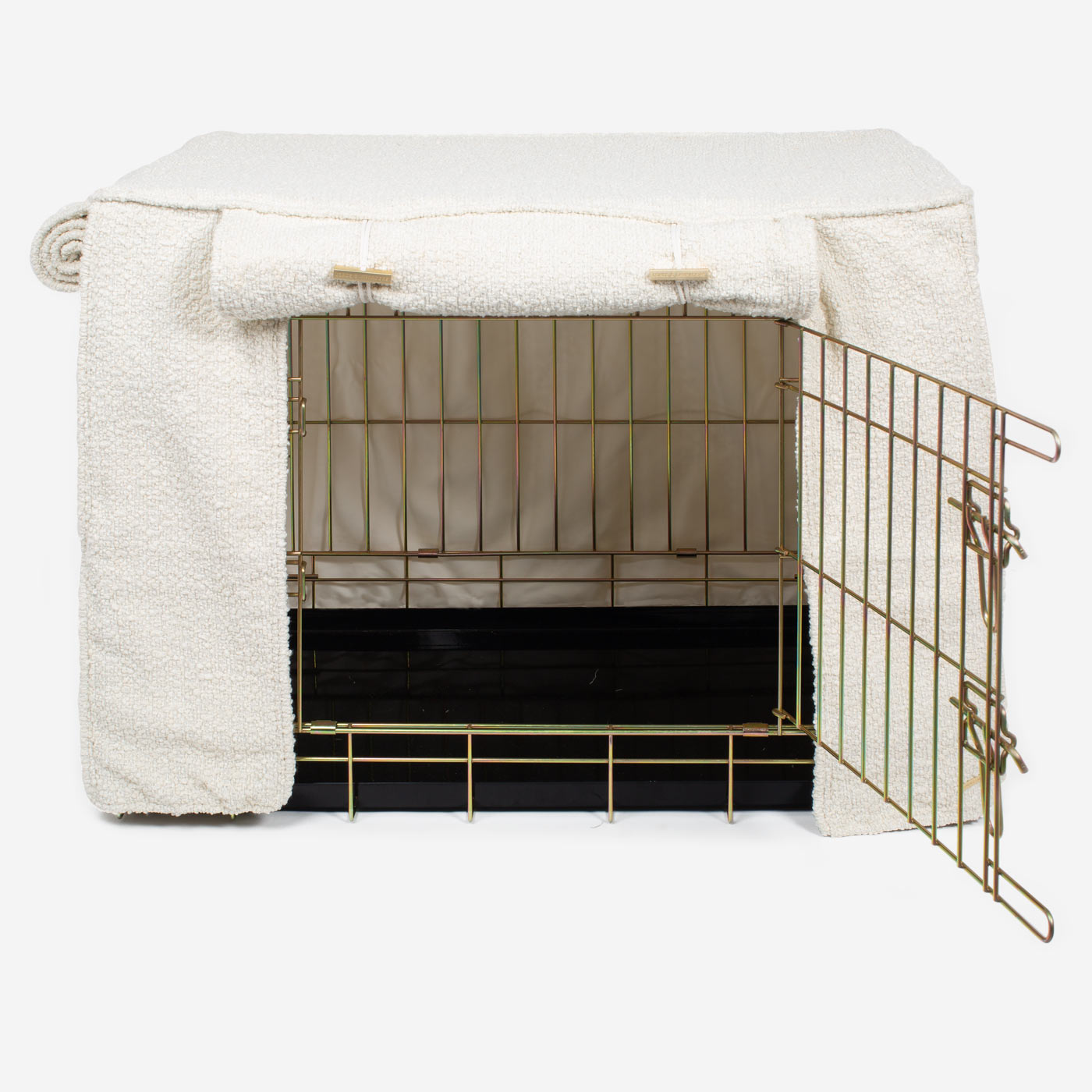 Discover Our Heavy-Duty Dog Crate With Ivory Bouclé Crate Cover! The Perfect Crate Accessory For The Ultimate Pet Den. Available To Personalise Here at Lords & Labradors 