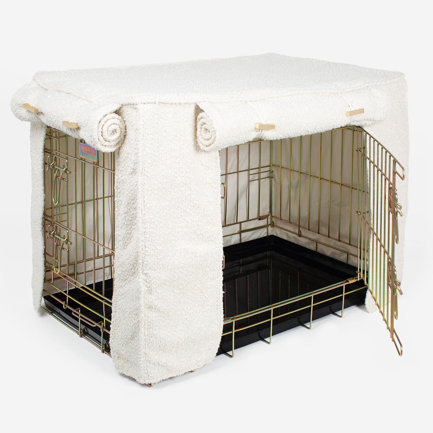 Discover Our Heavy-Duty Dog Crate With Ivory Bouclé Crate Cover! The Perfect Crate Accessory For The Ultimate Pet Den. Available To Personalise Here at Lords & Labradors 