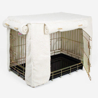 Discover Our Heavy-Duty Dog Crate With Ivory Bouclé Crate Cover! The Perfect Crate Accessory For The Ultimate Pet Den. Available To Personalise Here at Lords & Labradors 