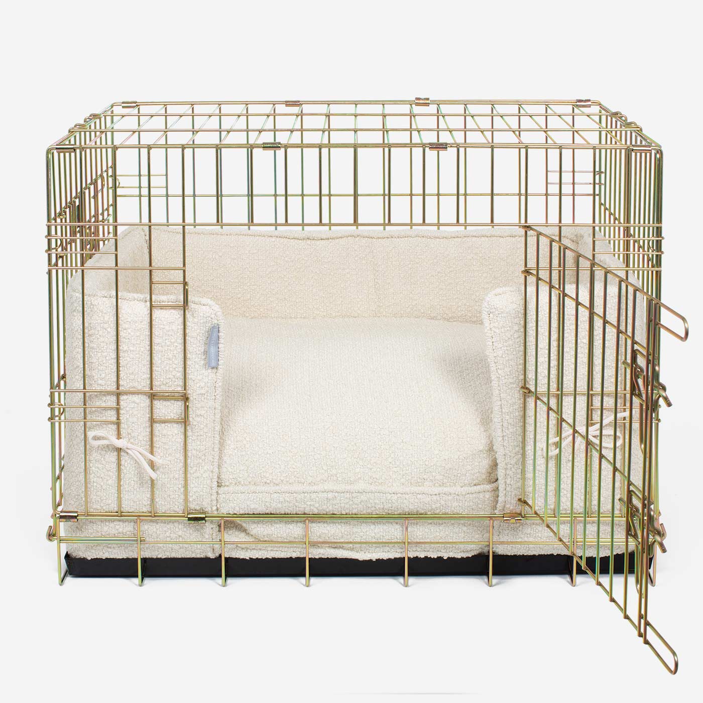 Discover Our Heavy-Duty Dog Crate With Ivory Bouclé Cushion & Bumper! The Perfect Crate Accessories. Available To Personalise Here at Lords & Labradors 