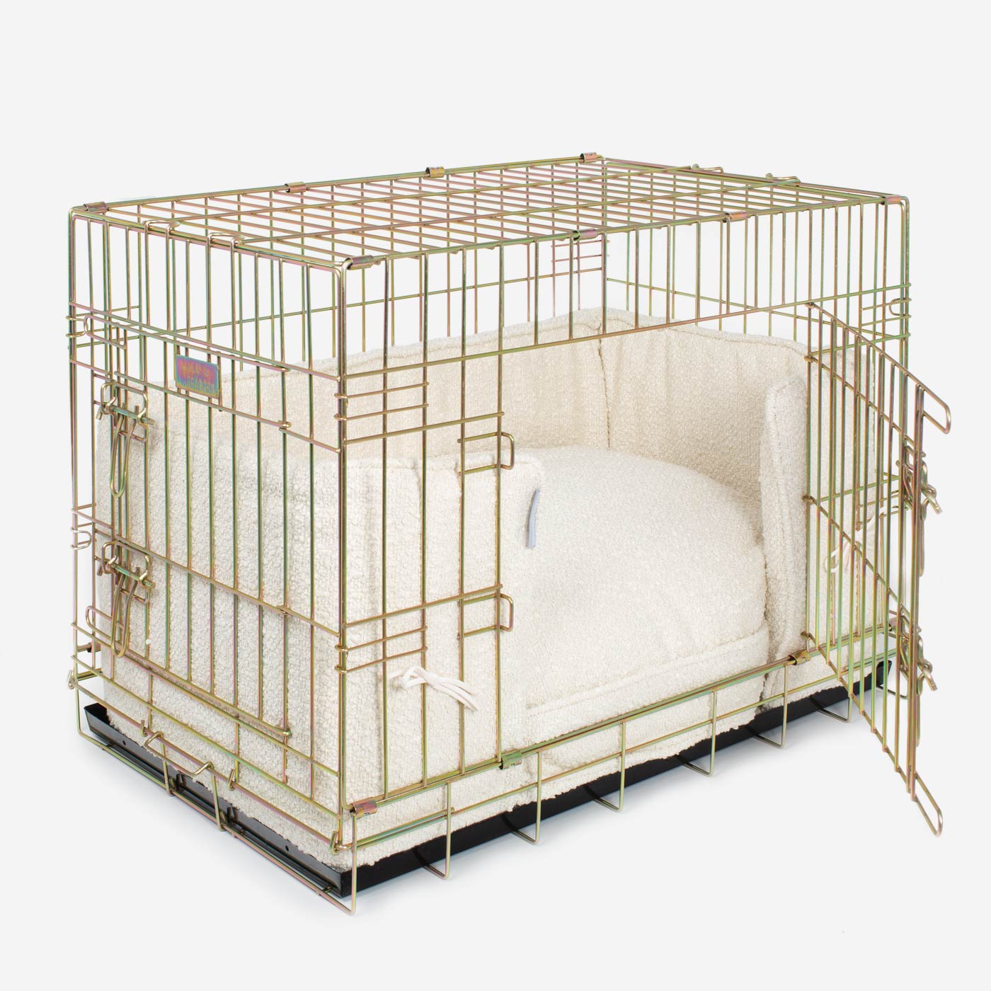 Discover Our Heavy-Duty Dog Crate With Ivory Bouclé Cushion & Bumper! The Perfect Crate Accessories. Available To Personalise Here at Lords & Labradors 