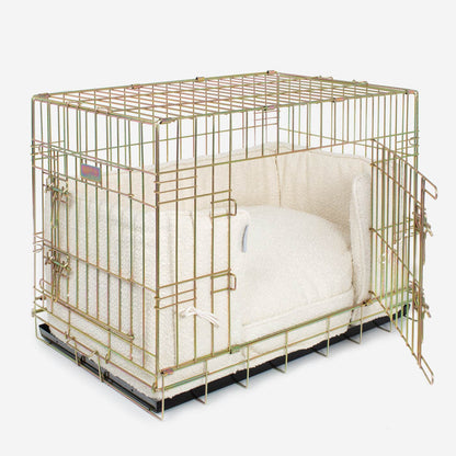 Discover Our Heavy-Duty Dog Crate With Ivory Bouclé Cushion & Bumper! The Perfect Crate Accessories. Available To Personalise Here at Lords & Labradors 