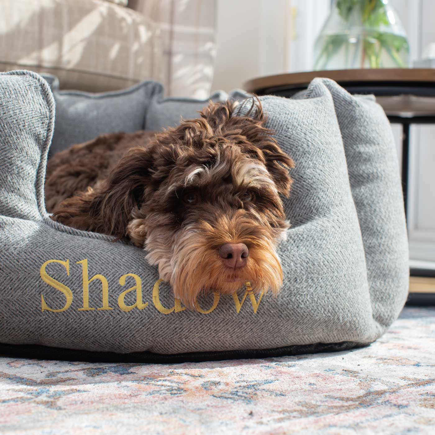 High Wall Bed With Removable Covers in Pewter Herringbone Tweed by Lords & Labradors