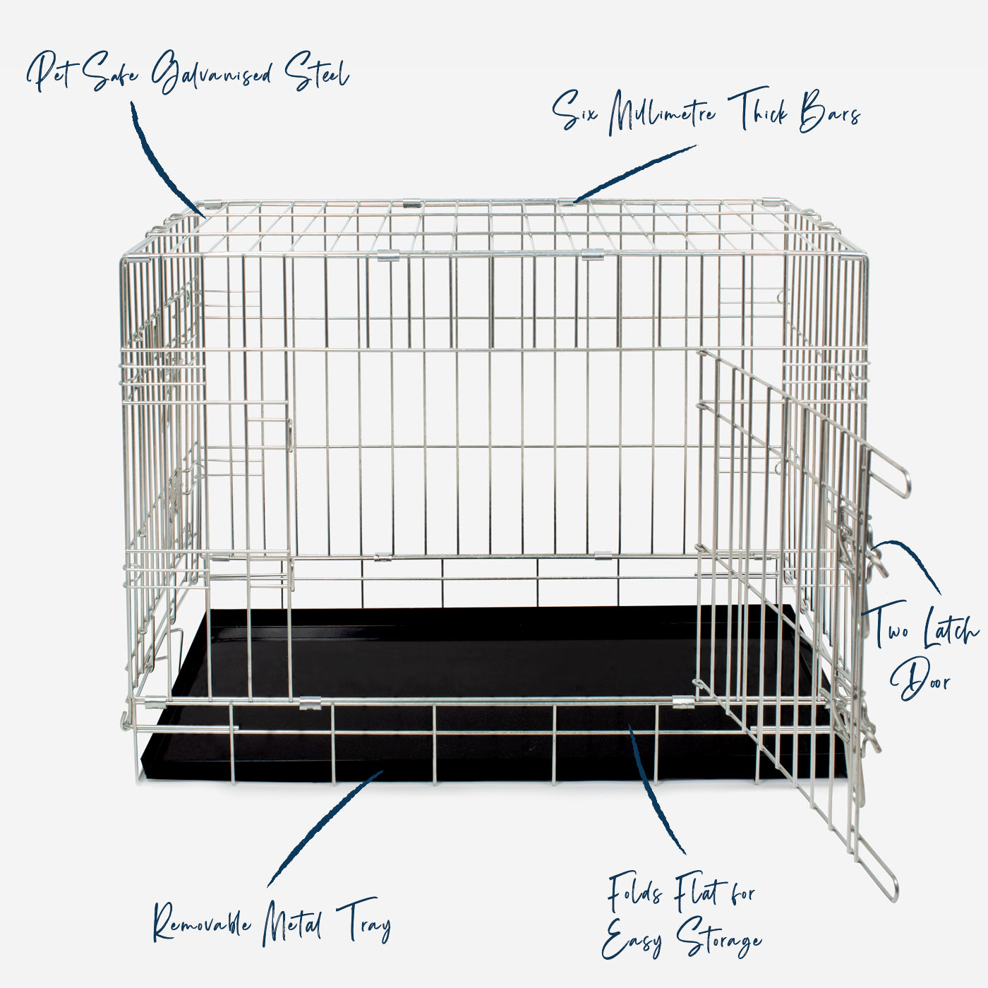 Discover, Imperfect deluxe heavy duty Silver dog crate, featuring two doors for easy access and a removable tray for easy cleaning! The ideal choice to keep new puppies safe, made using pet safe galvanised steel! Available now in 5 sizes and three stunning colours at Lords & Labradors