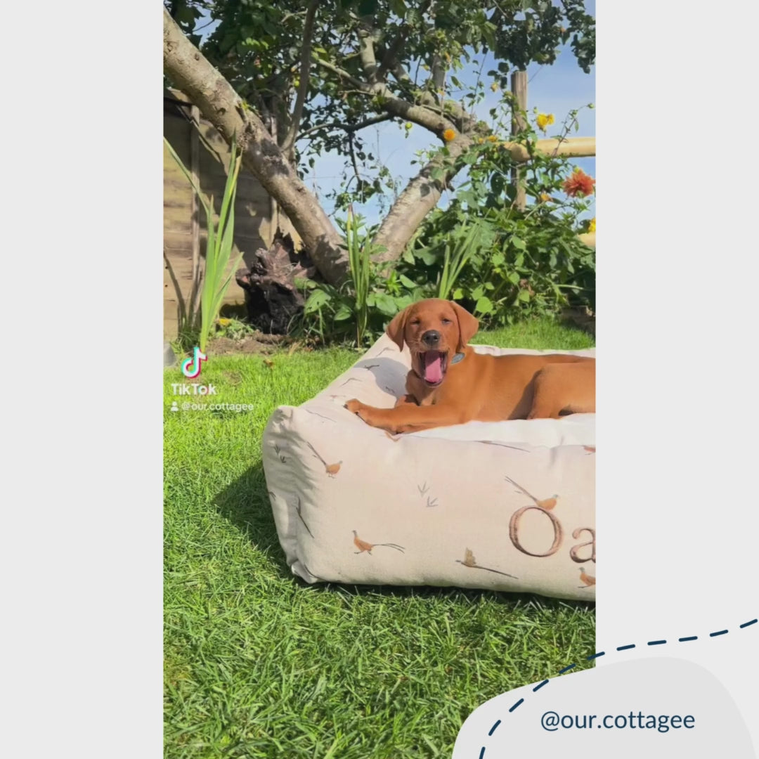 [colour:woodland pheasant] Luxury Handmade Box Bed For Dogs in Woodland, in Woodland Pheasant. Perfect For Your Pets Nap Time! Available To Personalise at Lords & Labradors