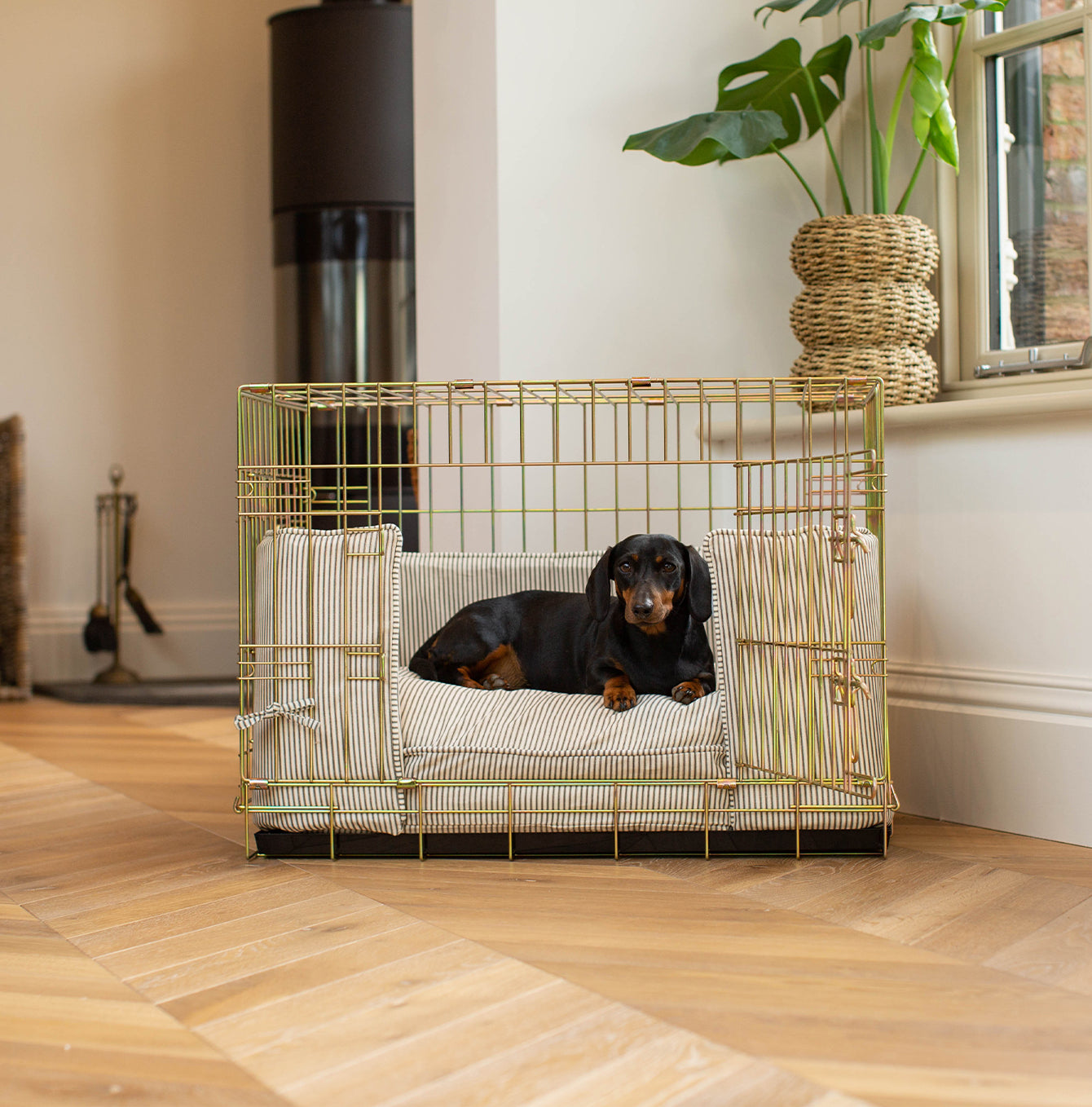Discover Our Heavy-Duty Dog Crate With Regency Stripe Cushion & Bumper! The Perfect Crate Accessories. Available To Personalise Here at Lords & Labradors 