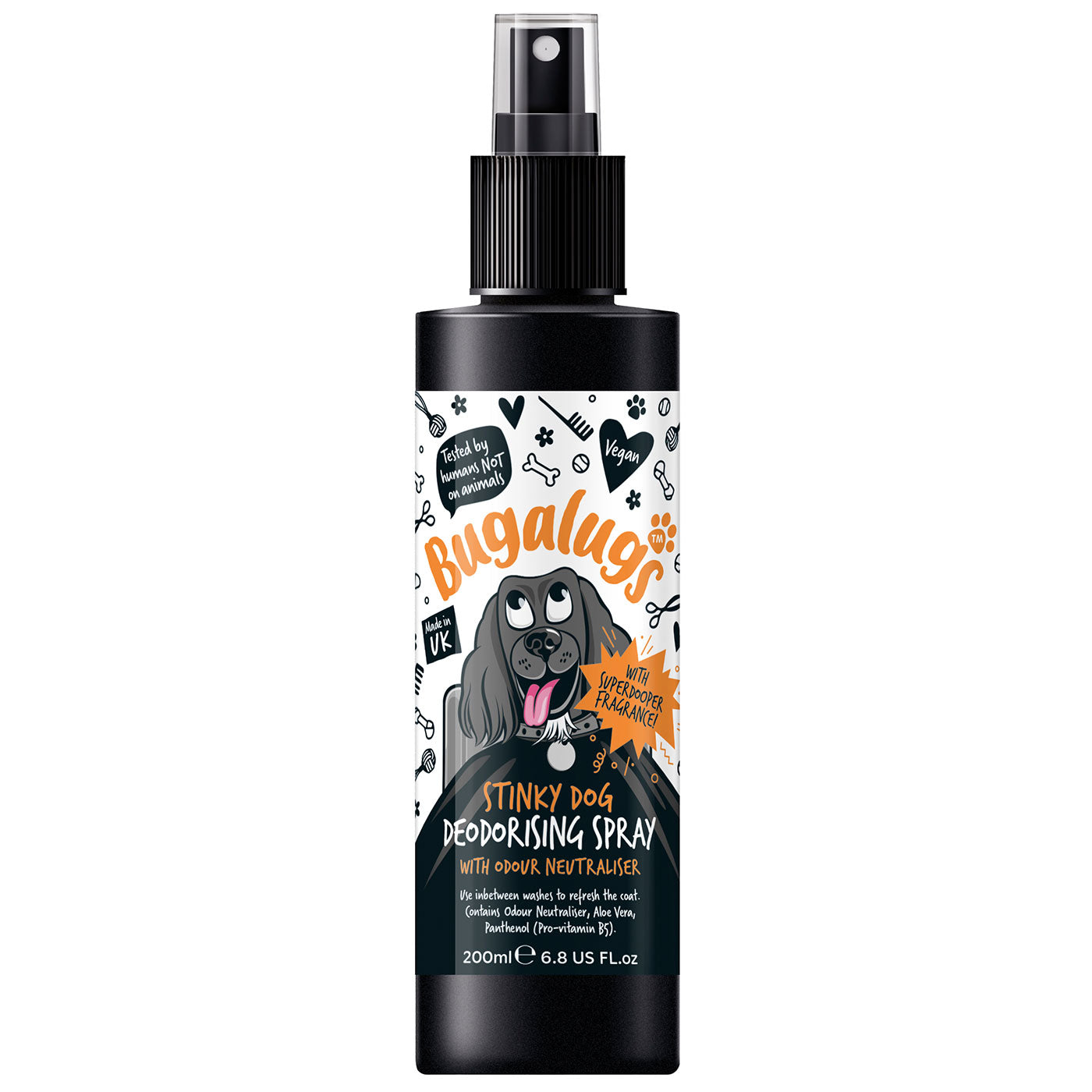 Discover, Bugalugs Stinky Dog Deodorising Spray. Features an odour neutralising shampoo that eliminates malodours with a long-lasting fresh fragrance.  Perfect to use in between washes to refresh the coat. Removes dirt and grease leaving the coat feeling soft and shiny. Eliminates bad smells rather than masking them In an easy to use spray bottle. Available at Lords and Labradors