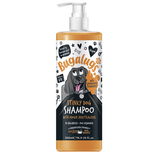 Discover, Bugalugs Stinky Dog Shampoo. Powerful, concentrated shampoo eliminates odors without irritating skin. Choose from 500ml or 1L bottles for extra value. Available at Lords and Labradors