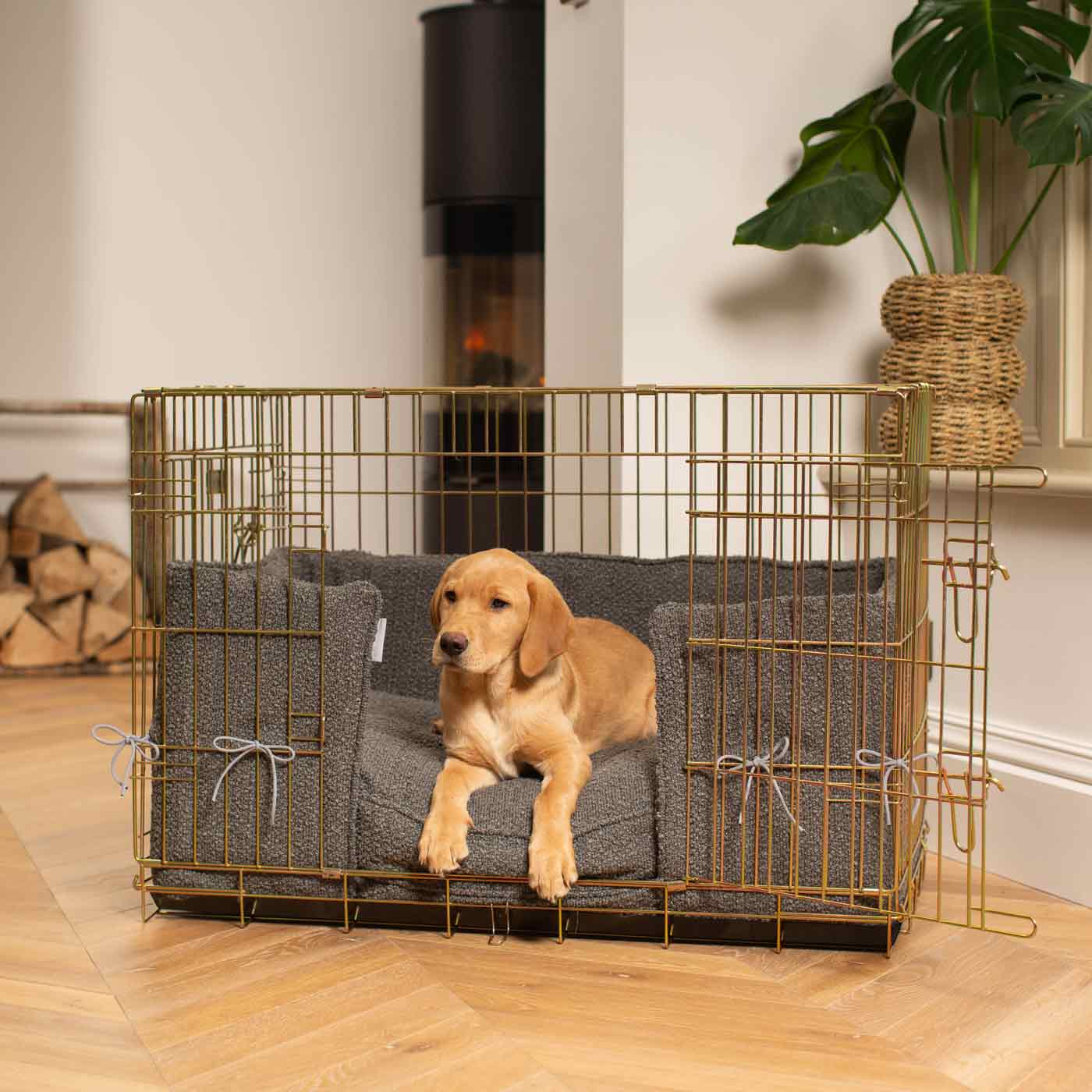 Discover Our Heavy-Duty Dog Crate With Granite Bouclé Cushion & Bumper! The Perfect Crate Accessories. Available To Personalise Here at Lords & Labradors 