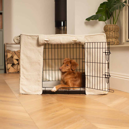 Discover our Luxury Dog Crate Cover, in Ivory Boucle. The Perfect Dog Crate Accessory, Available To Personalise Now at Lords & Labradors