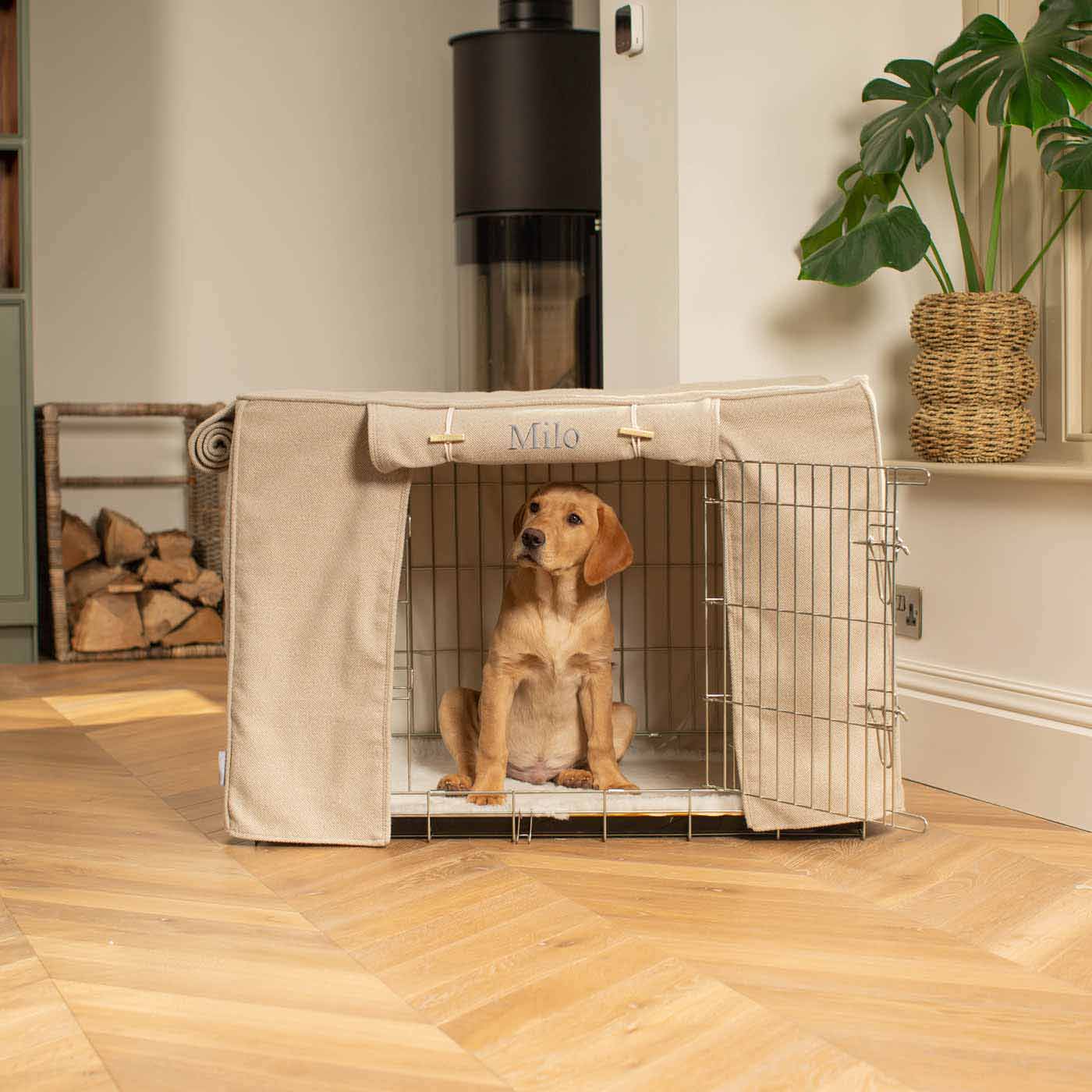 Dog Crate Cover in Natural Herringbone Tweed by Lords Labradors