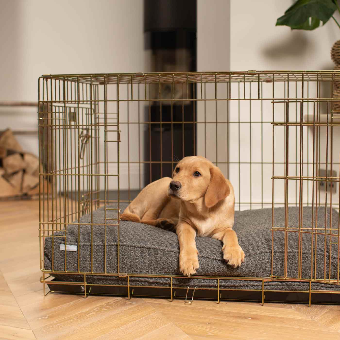 Discover Our Heavy-Duty Dog Crate With Luxury Dog Cushion Set! The Perfect Crate Accessory For Pet Burrow. Available To Personalise In Stunning Ivory, Mink, Granite Bouclé Here at Lords & Labradors 