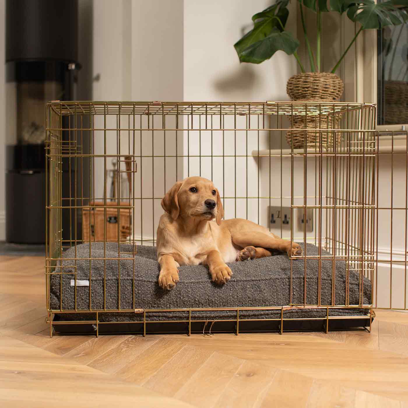 Discover Our Heavy-Duty Dog Crate With Luxury Dog Cushion Set! The Perfect Crate Accessory For Pet Burrow. Available To Personalise In Stunning Ivory, Mink, Granite Bouclé Here at Lords & Labradors 