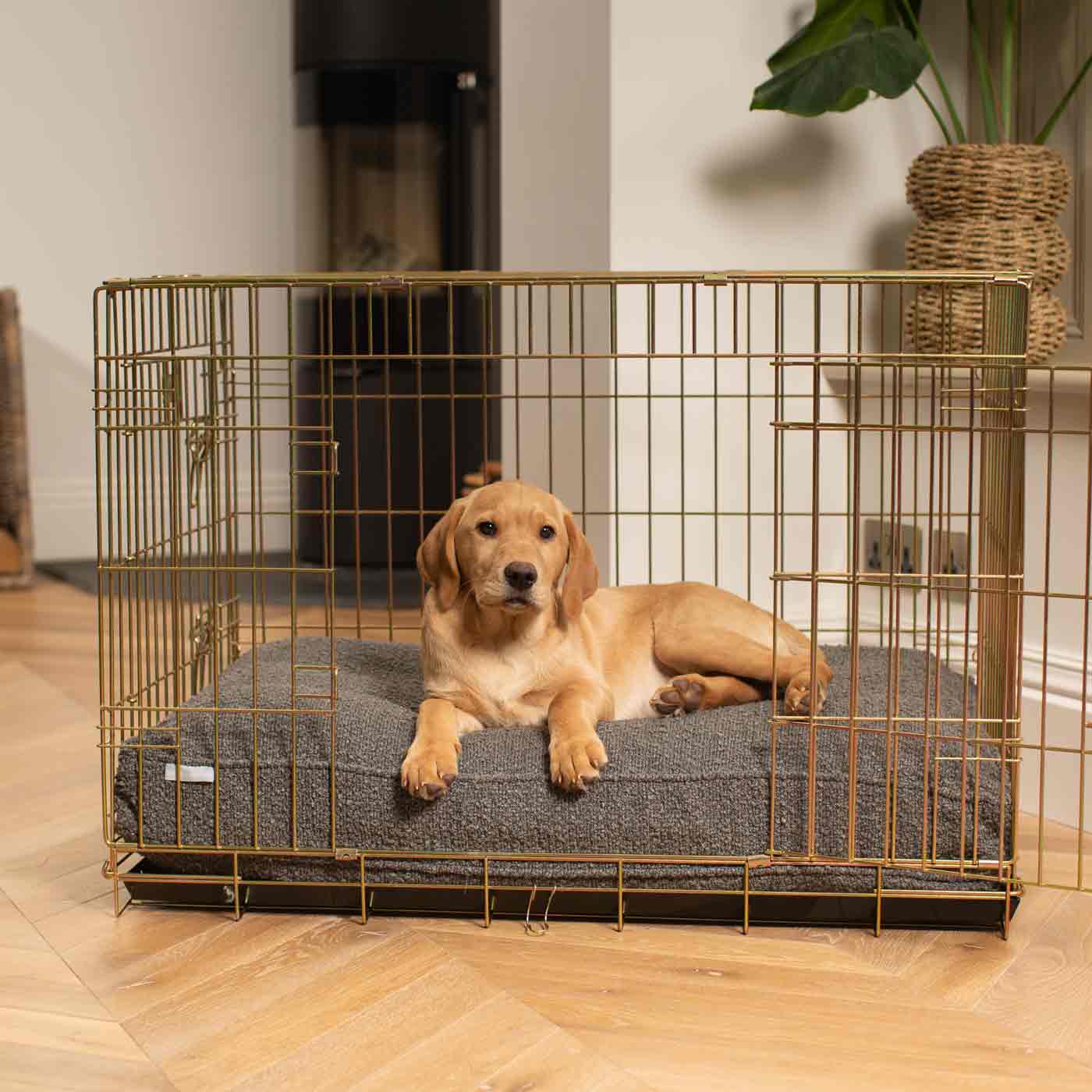 Discover Our Heavy-Duty Dog Crate With Luxury Dog Cushion Set! The Perfect Crate Accessory For Pet Burrow. Available To Personalise In Stunning Ivory, Mink, Granite Bouclé Here at Lords & Labradors 