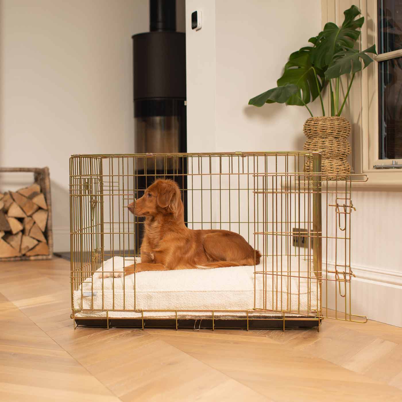 Discover Our Heavy-Duty Dog Crate With Luxury Dog Cushion Set! The Perfect Crate Accessory For Pet Burrow. Available To Personalise In Stunning Ivory, Mink, Granite Bouclé Here at Lords & Labradors 