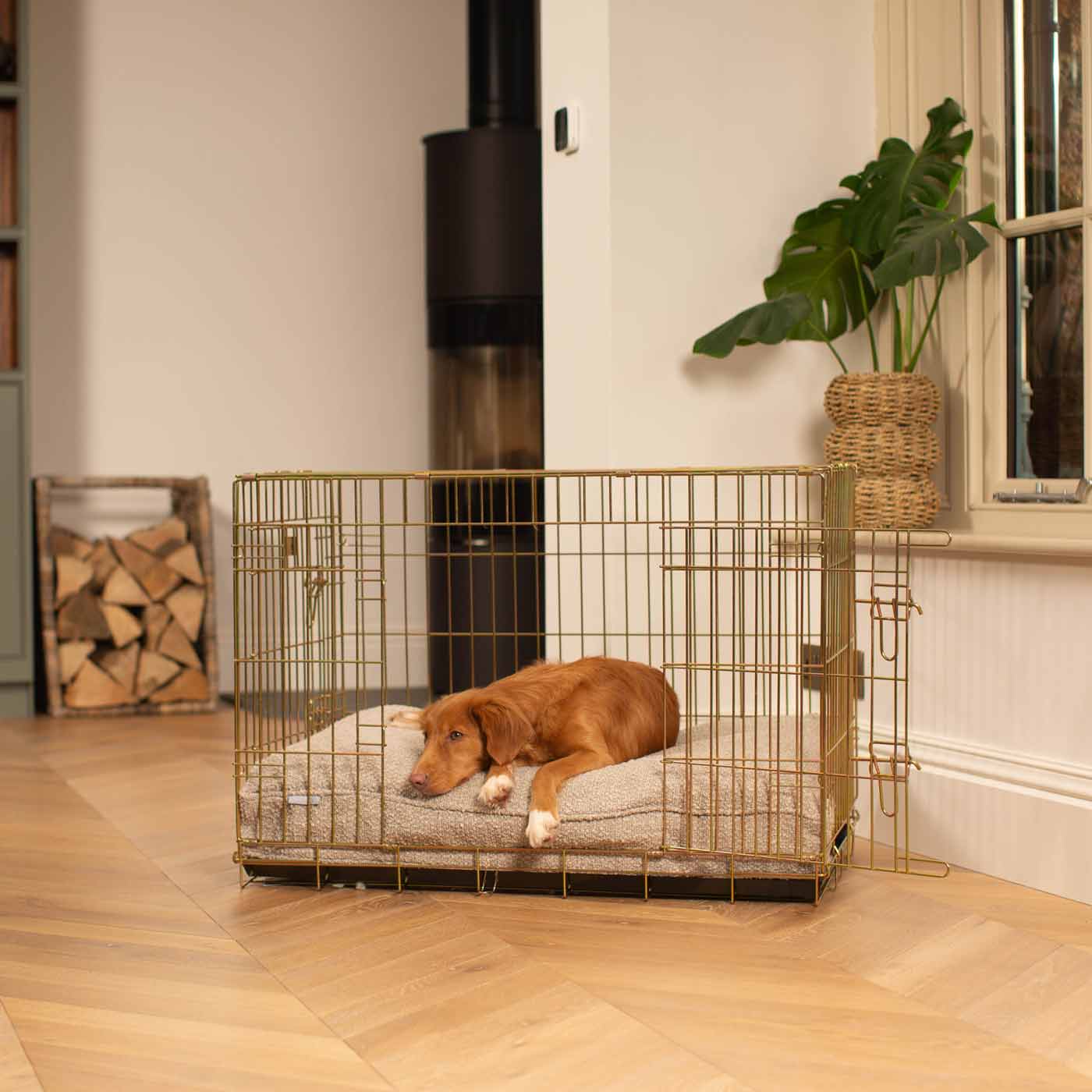 Discover Our Heavy-Duty Dog Crate With Luxury Dog Cushion Set! The Perfect Crate Accessory For Pet Burrow. Available To Personalise In Stunning Ivory, Mink, Granite Bouclé Here at Lords & Labradors 