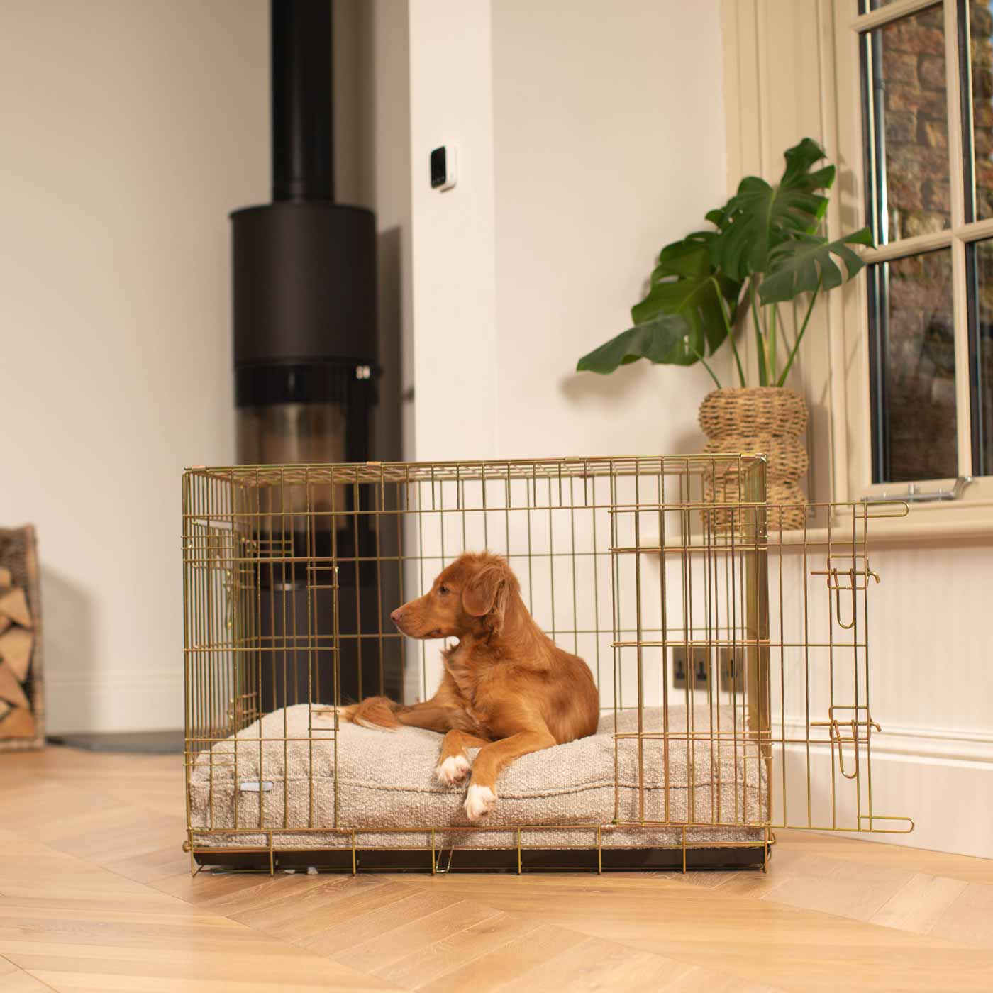 Discover Our Heavy-Duty Dog Crate With Luxury Dog Cushion Set! The Perfect Crate Accessory For Pet Burrow. Available To Personalise In Stunning Ivory, Mink, Granite Bouclé Here at Lords & Labradors 