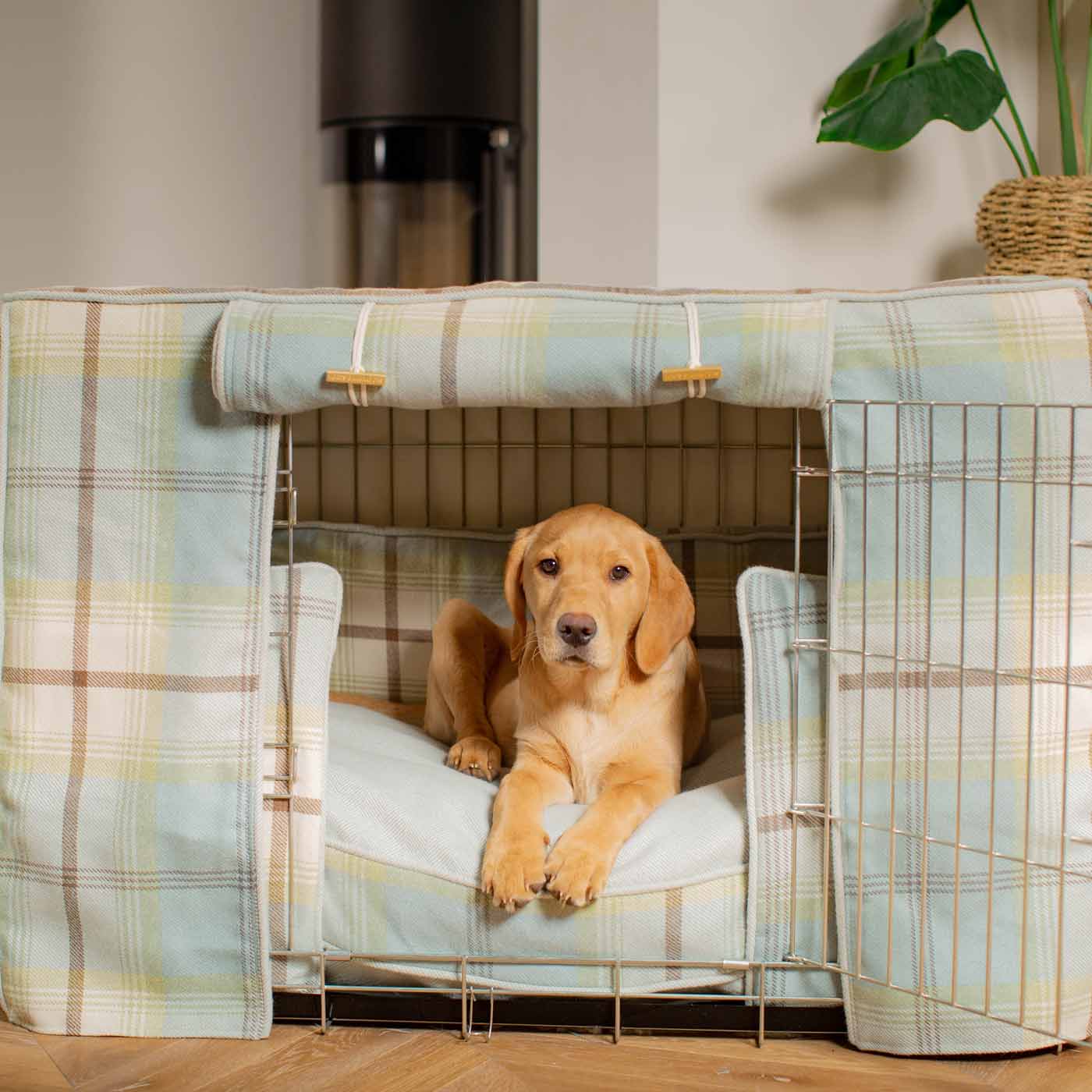 Luxury Heavy Duty Dog Crate, In Stunning Balmoral Duck Egg Tweed Crate Set, The Perfect Dog Crate Set For Building The Ultimate Pet Den! Dog Crate Cover Available To Personalise at Lords & Labradors 