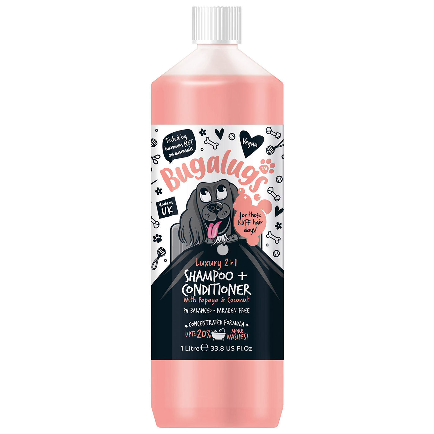 Discover, Bugalugs Luxury Papaya 2 in 1 Shampoo & Conditioner. Featuring a Dual-action: cleans, conditions, & nourishes. Perfect to removes odors with a concentrated formula. With an added 20% more washes. 2 sizes perfect for puppies 8+ weeks. Available at Lords and Labradors