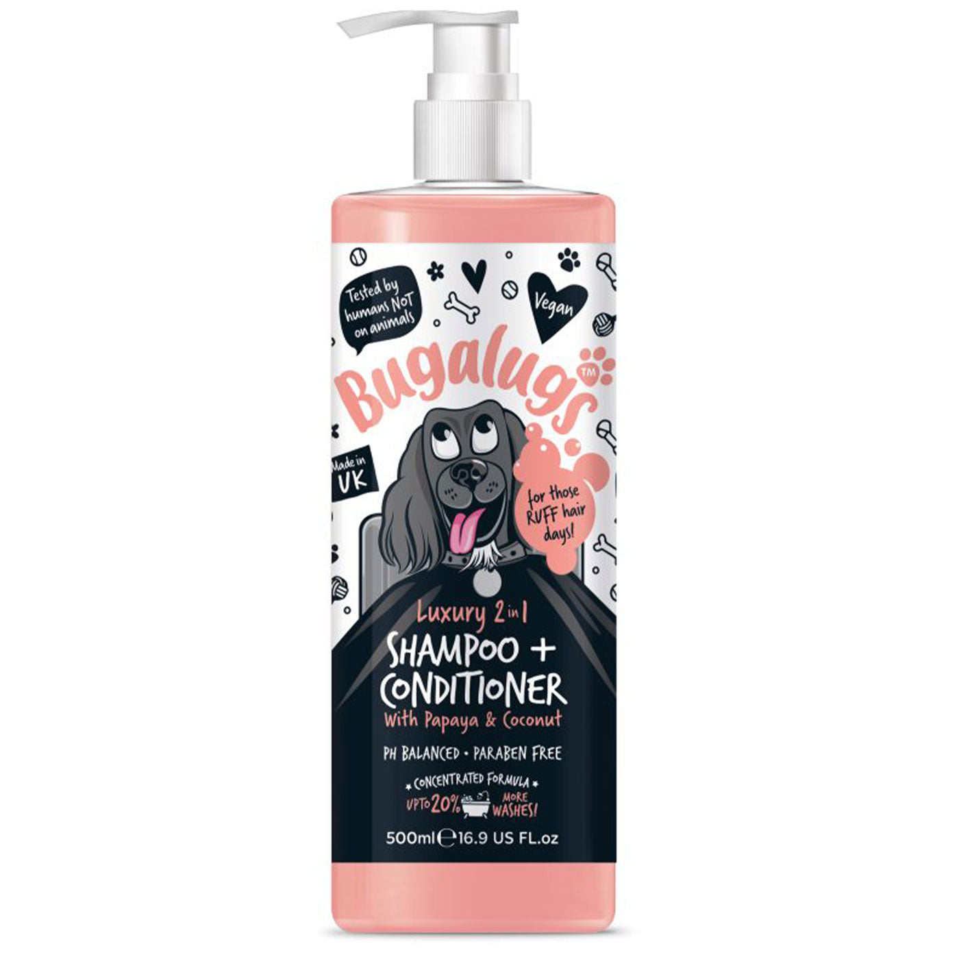 Discover, Bugalugs Luxury Papaya 2 in 1 Shampoo & Conditioner. Featuring a Dual-action: cleans, conditions, & nourishes. Perfect to removes odors with a concentrated formula. With an added 20% more washes. 2 sizes perfect for puppies 8+ weeks. Available at Lords and Labradors