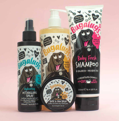 Discover, Bugalugs Baby Fresh Dog Cologne 200ml. Perfect to Refresh and deodorises puppy with a nourishing boost Infused with Aloe vera and pro-vitamin B5 Vegan friendly. Now available to buy at Lords and Labradors