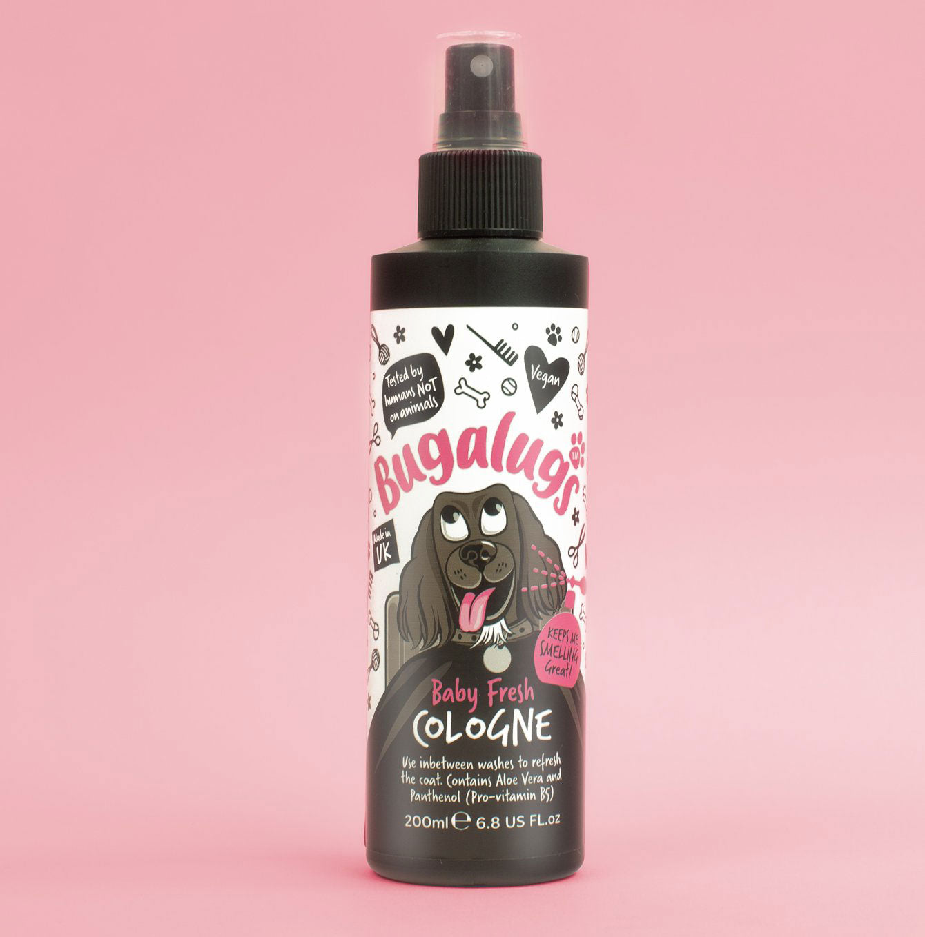 Discover, Bugalugs Baby Fresh Dog Cologne 200ml. Perfect to Refresh and deodorises puppy with a nourishing boost Infused with Aloe vera and pro-vitamin B5 Vegan friendly. Now available to buy at Lords and Labradors