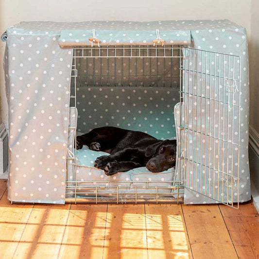 Luxury Dog Crate Cover, Duck Egg Spot Oil Cloth Crate Cover The Perfect Dog Crate Accessory, Available To Personalise Now at Lords & Labradors