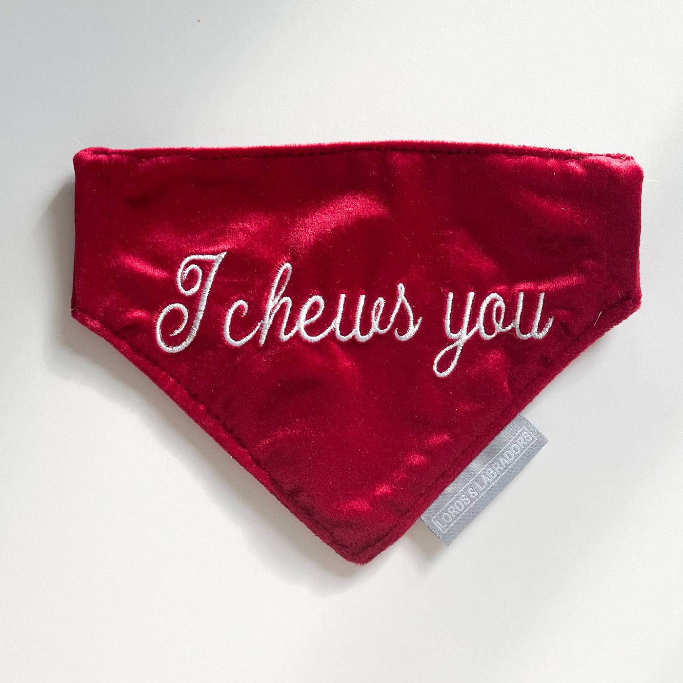 Discover The Perfect Bandana For Dogs, 'I Chews You' Valentine Dog Bandana In Luxury Cranberry Velvet, Available Now at Lords & Labradors