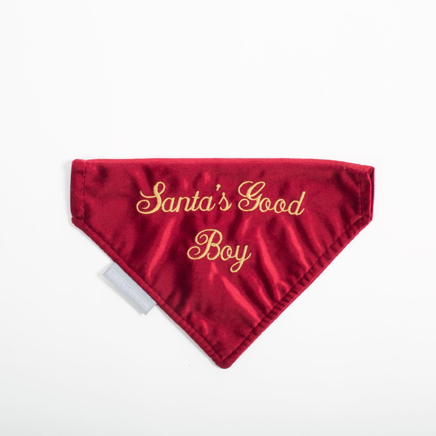 Discover The Perfect Bandana For Dogs, ' Santa's Good Boy ' Dog Bandana In Luxury Cranberry Velvet, Available To Now at Lords & Labradors 