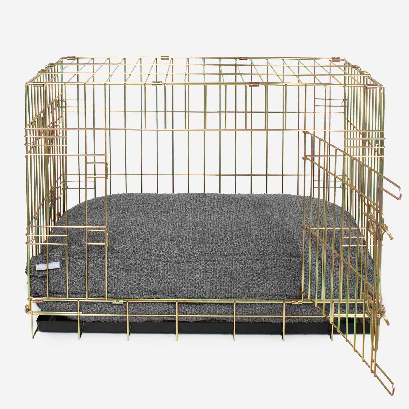 Discover Our Heavy-Duty Dog Crate With Luxury Dog Cushion Set! The Perfect Crate Accessory For Pet Burrow. Available To Personalise In Stunning Ivory, Mink, Granite Bouclé Here at Lords & Labradors 