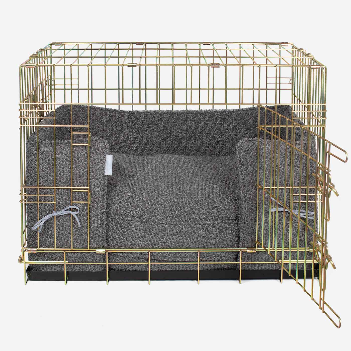 Discover Our Heavy-Duty Dog Crate With Granite Bouclé Cushion & Bumper! The Perfect Crate Accessories. Available To Personalise Here at Lords & Labradors 