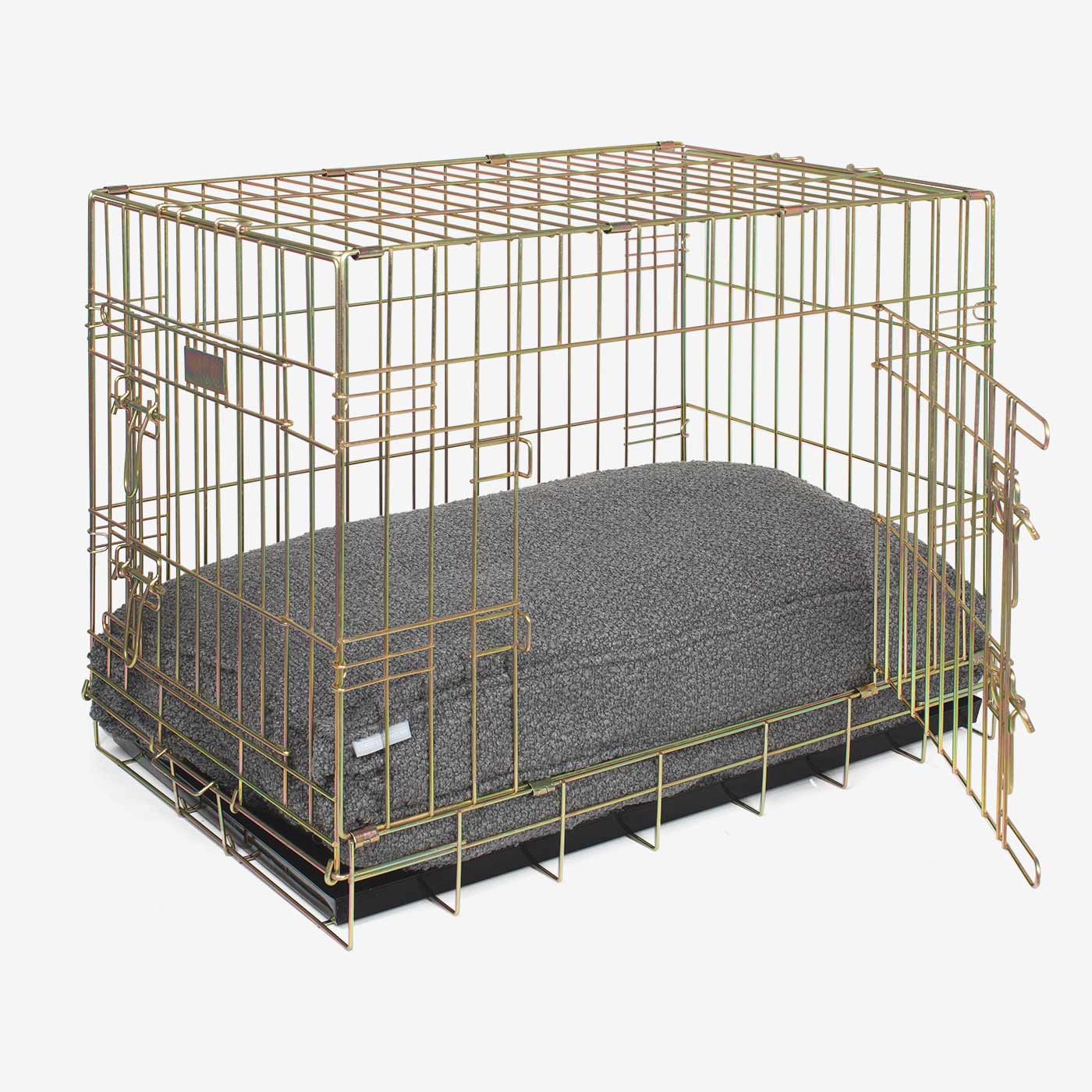 Discover Our Heavy-Duty Dog Crate With Luxury Dog Cushion Set! The Perfect Crate Accessory For Pet Burrow. Available To Personalise In Stunning Ivory, Mink, Granite Bouclé Here at Lords & Labradors 